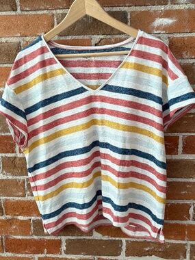 Madewell "Skyline" 100% Cotton Striped Boxy V Neck Lightweight Knit Top - XL